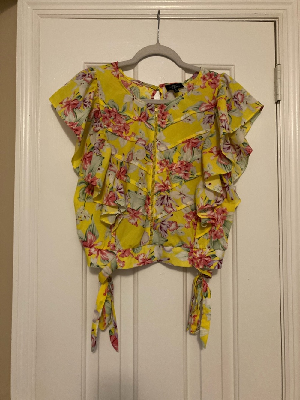 Sunny Yellow Floral Ruffle Tie-Front Crop Top Blouse